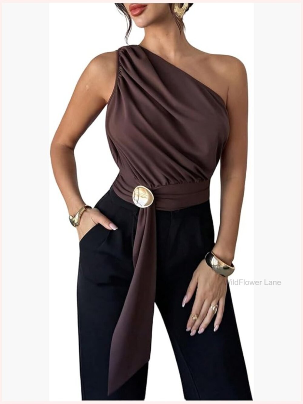 One Shoulder Ruched Crop Top Sleeveless Asymmetrical Blouse with Metal Buckle